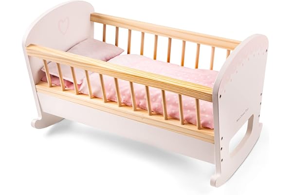 Woet® Lit de Poupée Jouet en Bois pour Enfants - avec Couverture et Oreiller - pour Poupées Jusqu’à 43 cm - Jouet d’Imitation - À Partir de 3 Ans