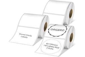 ORGBRO Etiquetas, Etiquetas Térmicas Multiusos para Impresora Térmica Z3, Etiquetas Autoadhesivas Redondas para Supermercado, Pequeño Negocio, 50 x 50 mm, 140 Etiquetas/Rollo, 3 Rollos