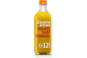Kloster Kitchen Organic Ginger Shot Turmeric 12SHOTS 360 ml con trozos de jengibre auténtico, en botella de cristal, vegano sin aditivos y con dulzor natural (incl. depósito de 0,25 €)