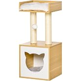 PawHut Cat Tree 2 Levels with Cave 35x35x81cm Oak and White | Top Bed, Natural Sisal Scratching Posts, Washable Cushions, Toy