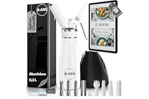 B-ARS Siphon Chantilly Cuisine en Aluminium Durable 500 ml BLANC Avec Buses Inox Facile à Nettoyer Idéal Mousse Dessert et Décorations Syphon Chantilly