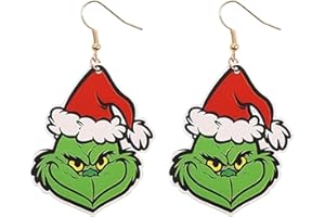 BORFUE Orecchini a forma di mostro di Natale, con ciondolo in legno animato, rosso, verde, con orecchie di Babbo Natale, regalo di Natale per ragazze, Legno