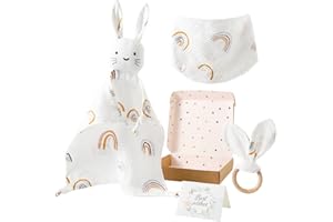 Duomiaomiao Baby Geschenk mädchen & Junge | 100% Baumwolle Geschenke zur Geburt | Musselin Schnuffeltuch-Lätzchen-Beißring | Geschenksets für Babys (Kaninchen, Regenbogen)