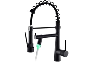 TIMACO Rubinetto con LED da cucina, colore nero, orientabile a 360° con molla a spirale, doccetta estensibile, ad alta pressione, per cucina e lavelli