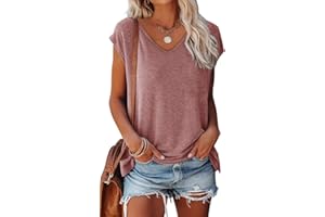 OLIPHEE Femmes Cap Sleeve T-Shirts À Manches Courtes Col en V Casual T-Shirts De Base D'été Lâches