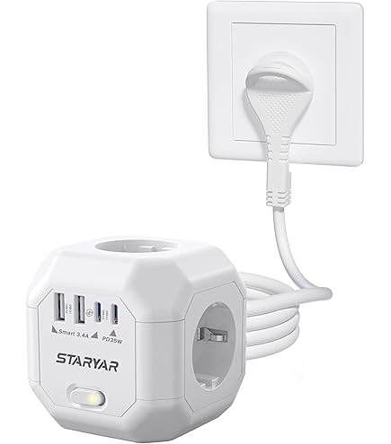 Stekkerkubus, stekkerdoos met 2 USB, meervoudige stekkerdoos met 2 USB-C, stekkerdoos met schakelaar, 4-voudige Power Strip, meervoudige stopcontacten met platte stekker, 3 m kabel, wit