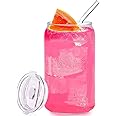 KELVEE Drinking Beer Glasses with Lids and Glass Straw 1pcs Set - 400ml Can Shaped Glass Cups, Iced Coffee Glasses, Cute Tumbler Cup, Ideal for Cocktail, Smoothies