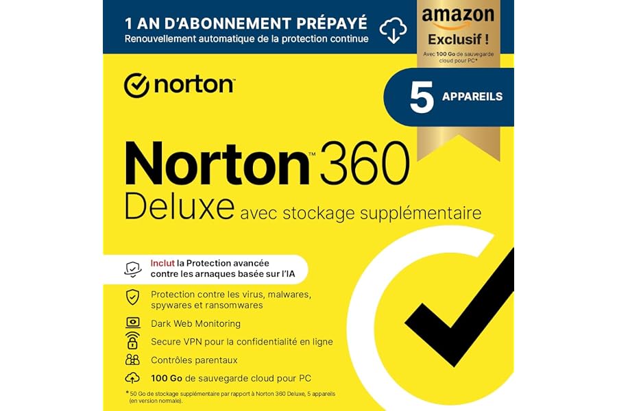 Norton 360 Deluxe Exclusivité Amazon* + 50 Go de sauvegarde cloud supplémentaire |5 Appareils | 1 An d'Abonnement en renouvel