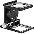 10x Three Folding Magnifier with LED Lights Hands Free Standing Illuminated Magnifying Glass Portable Zinc Alloy Magnifying Loupe with Scale for Textile Optical Jewelry Inspection Tool