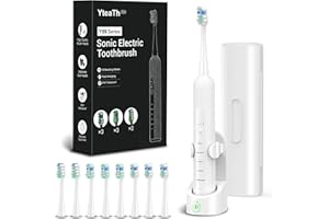 ‎YTEATH PRO Elektrische Schallzahnbürste für Erwachsene & Kinder, 5 Putzmodi mit 3 Intensitätsstufen, Timer, 8 Ersatzbürstenköpfe & Reiseetui, Wiederaufladbare Sonic Toothbrush Weiß