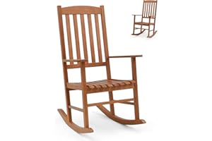 SFAREST Garden Rocking Chair, Eucalyptus Wood Porch Relax Armchair with High Backrest & Curved Seat, All Weather Outdoor Slatted Rocking Seat Lounge Chair for Deck Patio Balcony