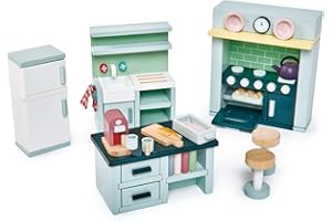 Tender Leaf Toys Dolls House Kitchen Furniture - Wooden Kitchen Furniture with Aga, Sink Unit, Fridge and Island Unit for Dolls 10-12cm Tall