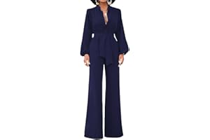 Minetom Femmes Jumpsuits Combinaisons Col V Large Jambes Manches Longues Long Barboteuse Pantalon Avec Ceinture Navettage Élégant