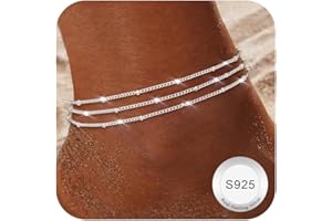 Finrezio Fußkettchen für Damen Silber 925 Layered Fußkettchen Silber Verstellbare Herz Perlen Fußkette für Mädchen Sommer Strand Schmuck Geschenk (Inklusive Geschenkbox)
