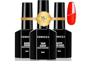 TOMICCA Zestaw Lakierów do Paznokci UV - Base i Top Coat Gel, 3 x 15 ml, z Matowym Top Coat, No Wipe, do Wszystkich Lakierów Żelowych
