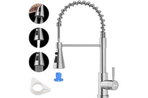 DAYONE Kitchen Sink Taps with Pull Down Sprayer, Upgrade Spring Kitchen Mixer Tap with 3 Modes Spray, 360° Swivel Single Lever Kitchen Sink Taps 1 Hole, SUS304 Stainless Steel Kitchen Faucet, Brushed