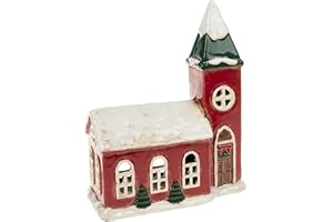 Village Pottery Snowy Christmas Church Tealight Holder, Red