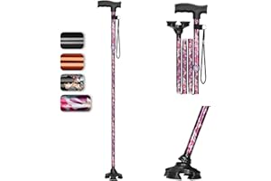 supregear Canne Pliante, Canne Pliante Réglable à 5 Niveaux avec Poignée en T et Dragonne Anti-Perte Antidérapante Autoportante Support en Caoutchouc à 4 Pieds pour Âgé Désactivé Homme Femme