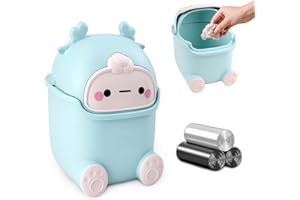 QLFJ-FurDec Mini Bidone Spazzatura con 3 Rotoli di Sacchetti, Pattumiera da Tavolo 15,5 x 14 x 23,5 cm, Carino Cestino Bagno con Coperchio per Bagno, Cucina (Blu)