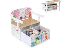 LIFEZEAL Banco Infantil de Almacenaje 3 en 1 con 2 Cajones, Caja de Juguete de Madera, Juego de Mesa y Taburete para Niños de 3 a 7 años, Organizador con Cestos Textiles de Almacenaje (Blanco)