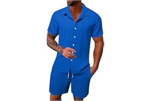 HAOLEI Mens Cotton Linen Shorts and Shirt Sets UK Sale Clearance Tracksuit Set Summer Co Ord Sets Short Sleeve Button Down Shirts & Shorts with Pockets 2 Piece Outfits Vacation Beach Wedding Suits