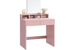 VASAGLE Schminktisch mit großem Spiegel, Frisiertisch, 2 Schubladen, 3 offene Fächer, Kosmetiktisch, modern, pastellrosa RDT103R01