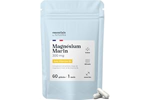 Magnésium Marin + Vitamine B6, Combat la Fatigue et le Stress, Cure de 1 mois, 60 Gélules Végétales, Magnesium Pur 300 mg/jour, Fabriqué en France, Essentials by Novoma