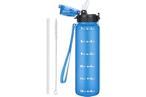 OLDLEY Botella de Agua Deportiva de 1L/32 oz con Pajita, Botella de Agua Motivacional de 1000 ml, Botella de Bebidas con Marcas de Tiempo, Prueba Fugas, Sin BPA, para Niño, Adulto, Gimnasio, Escuela