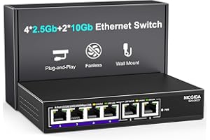 Przełącznik Ethernet 10 Gbe niezarządzany z 2 portami RJ45 10 Gb, 4 porty Base-T 2,5 GB, montowany na biurku/ścianie NICGIGA 6-portowy przełącznik sieciowy 10 Gb/s do bezprzewodowego AP, NAS, PC