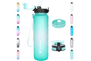 OLDLEY 1L/32oz Borraccia con Cannuccia 2 Coperchi Borracce Sportive a Tenuta Stagna Borraccia con Filtro Marcature dei Tempi Borracce in plastica Tritan Senza BPA per Bambini Adulti Ciclismo Corsa