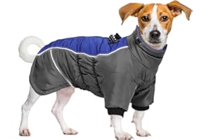 Woiil Hundemantel Warm Winterjacke wasserdichte Hundeweste mit Fleece Kurzarm Haustierkleidung mit Reißverschluss Reflektorstreifen Geschirr Bauchschutz Outfit Blau/Grau L