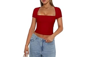 YILEEGOO Women Y2K Long Sleeve Tops Sexy Low Cut Square Neck Basic Tops Blouse Casual Slim Fit Solid Color Crop Top Tight T-Shirt