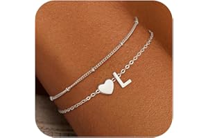 SLOONG Armband Damen Silber Gold, 18K Gold/Silber Vergoldet Herz Armband mit Buchstaben Personalisiert Geschichtet Armbänder Verstellbares Armkette Goldschmuck Geschenke für Frauen Freundin Mädchen