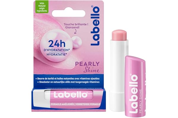 LABELLO Pearly Shine (1 x 5,5 ml), Baume à lèvres enrichi en huiles naturelles & perles de soie, Soin des lèvres Hydratation longue durée pendant 24H