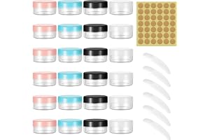 24 st 5 ml tomma provkrukor kosmetiska resekrukor små behållare burkar med lock och 10 spatlar mini plastbehållare för gräddfärgad resegräddkanna för kosmetika läppbalsam smink toalettartiklar glitter