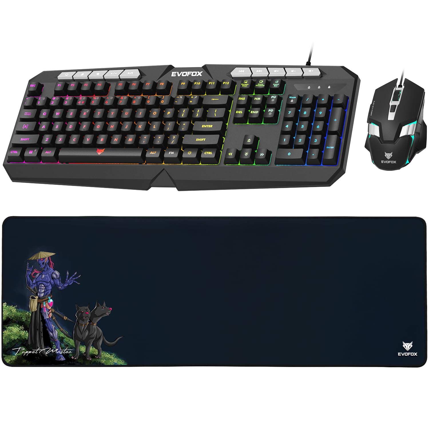 EvoFox Deathray v2 3 in 1 Gaming Keyboard & Mouse Combo with Puppet Master Deskpad | 6 Zone RGB Backlighting, 19 Anti Ghosting Keys, Membrane Keys, Ergonomic, Full-Size | 6 Buttons, 7 Color LED Lighting, Upto 3600DP | Extended Deskpad (Wired)