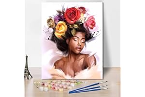 TISHIRON Paint by Number for Adults Beginner Black Girl Flowers DIY Painting by Numbers Kits for Adults Kids Canvas Arts Crafts for Home Decor 16 x 20 inch （Without Frame）