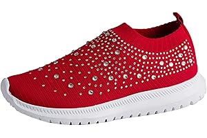 YPKSAJEG Glitter Sports Shoes Women's Mesh Breathable Trainers - Women's Slip-On Trainers with Rhinestones Soft Lightweight Slip On Shoes Memory Foam Casual Shoes Comfortable Non-Slip Fitness Shoes
