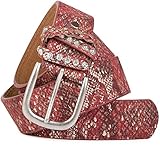 ca. 3,7 cm breit styleBREAKER gemaserter Gürtel im Vintage Look mit Schmuckband an der Schließe, Nieten, Strass, kürzbar, Damen 03010055, Farbe:Bordeaux-Rot / Schlange;Größe:90cm