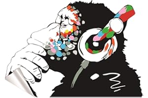ANOL Banksy Wall Stickers - Large Banksy Monkey With Headphones Wall Art - DJ Chimp Thinker in Earphones Decal (240x166 cm)