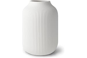 ‎FLATURE flature Keramik Vase mit Rillen – Wasserdichte Blumenvase in Weiß Matt für Schnittblumen Trockenblumen Pampasgras, Große Vase 20cm Hoch als Geschenk Deko für Wohnzimmer Schlafzimmer Büro