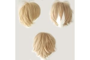 Cybelleza Anime Cosplay Wig Short Blonde Wigs for Women/Men Synthetic Curly Straight Fancy Dress Wig Layered Fluffy Halloween Costume Party Carnival Wig with Free Cap, Linen Blonde