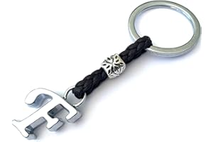 ASTER ALHELÍ - Portachiavi con Iniziali del Nome Personalizzato - Portachiavi Cuoio Lettere e Perline in zama placcate in Argento - Uomo o da Donna con Iniziale - Ideale per i Regali (F)