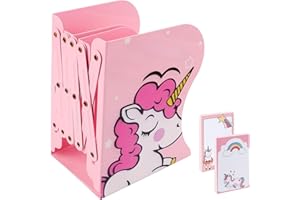 CAUTIOUS Verstellbar Buchstützen, rutschfeste Bücherstützen, Kinder Metall Bücherstützen, Cartoon Buch Halterung Bookends mit Haftnotiz Ausziehbar auf 49.5cm(Rosa)