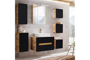 Lomadox Badezimmermöbel Set mit Waschtischunterschrank mit Keramik-Waschbecken & LED-Spiegelschrank, seidenmatt anthrazit mit Wotan Eiche Nb., B/H/T ca. 180/200/46 cm