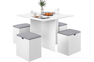 Mondeer Essgruppe, Esstisch mit 4 Hockern Weiches Kissen, Esstisch Set mit Stauraum, für Kleine Räume Esszimmer Küche, 80 x 80 x 75 cm, Weiß und Grau