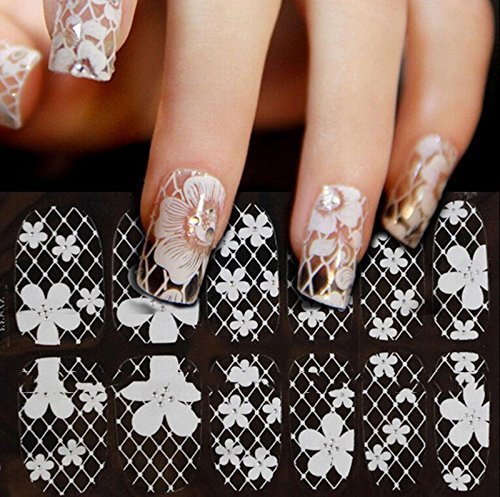 leading-star 3D White Lace Nail Art Tips Sticker Decal Full Wraps