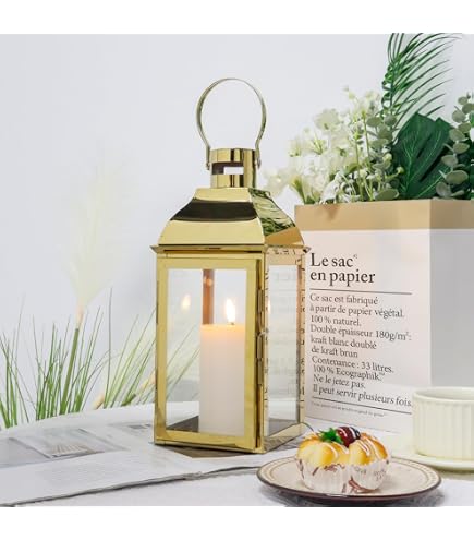 Lanterna Decorativa In Acciaio Inox TRIROCKS 30 Cm - Con Vetro Temperato, Per Candele LED O Vere, Colore Oro