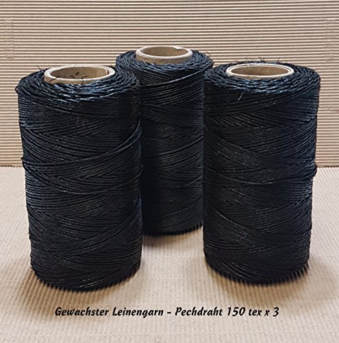 Gewachste Pechdraht 150 tex x 3 Farbe schwarz Leinengarn, Schusterzwirn Gewachst, Satlergarn Zwirn