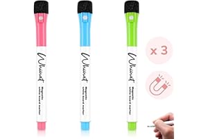 WHINAT FEUTRE MAGNETIQUE EFFACABLE A SEC Marqueur idéal pour tableau blanc Sur frigo Avec effaceur sur capuchon De qualité & pratique Pour le bureau, l'école ou la maison 3 couleurs